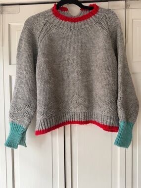 Dr. Bloom Gray Knit Sweater with Red Trim and Teal Cuffs